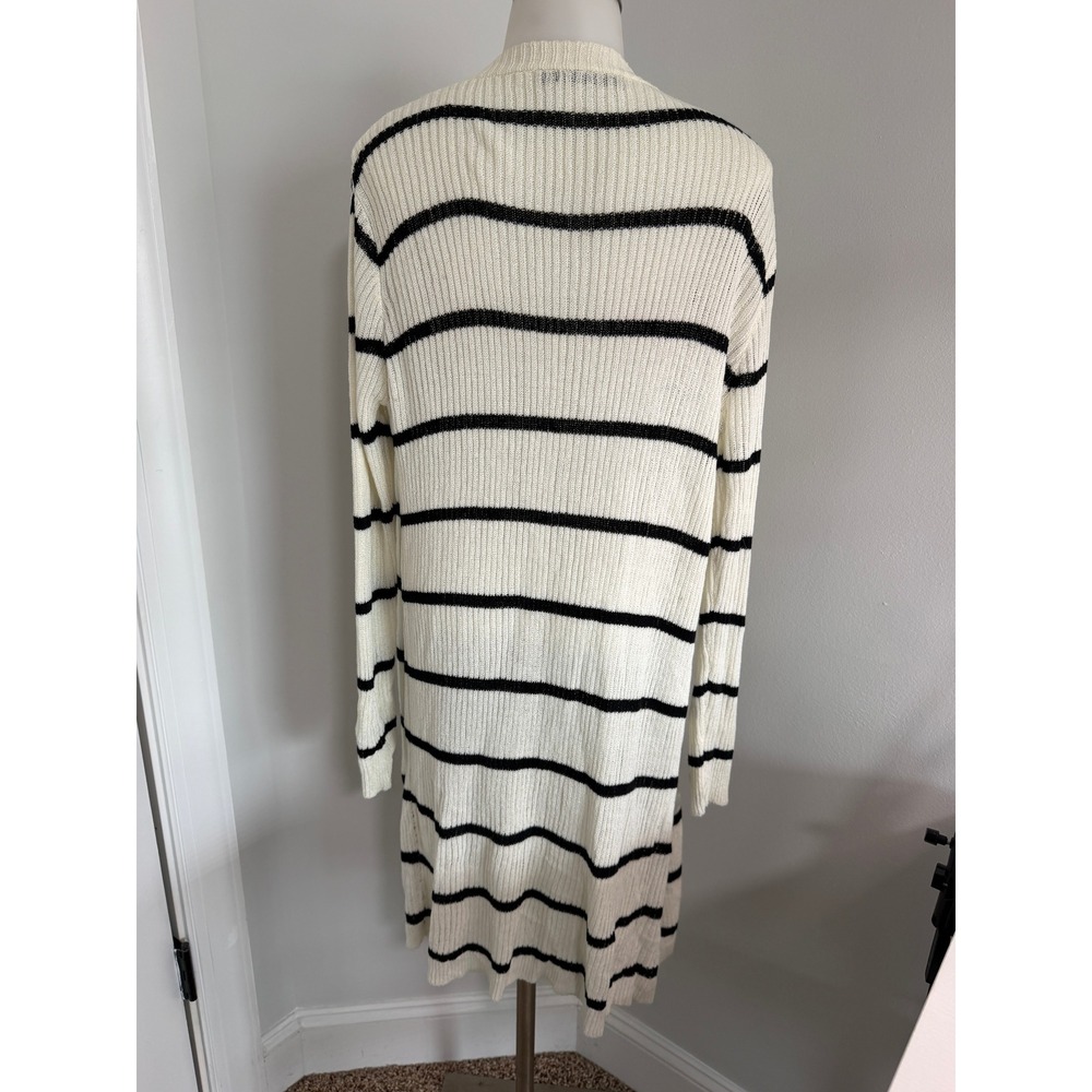 Doe & Rae Womens Striped Duster Cardigan Cream Black Open Front Ribbed Knit M - Picture 4 of 11